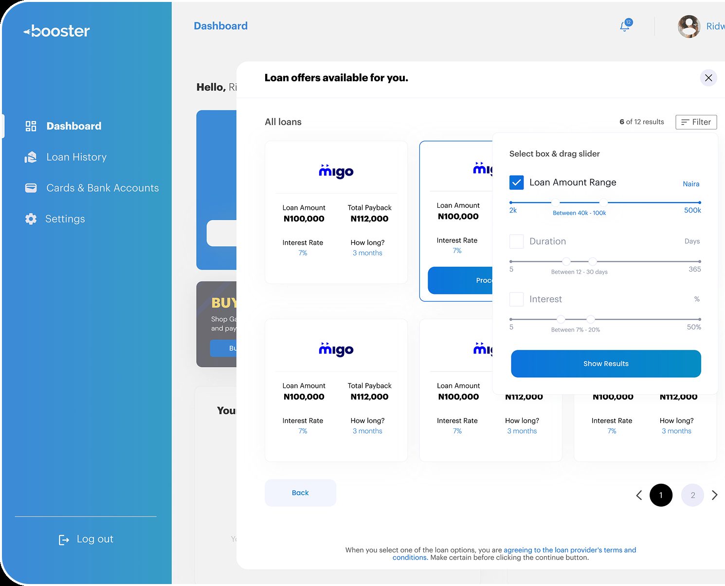 Loan offers and filter