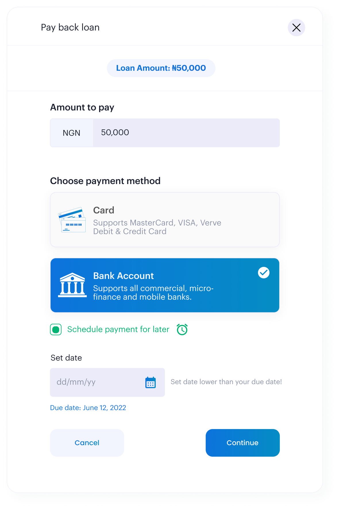 Schedule payment date picker