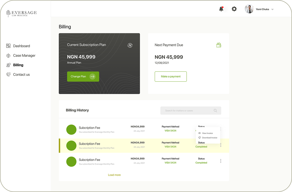 Billing page