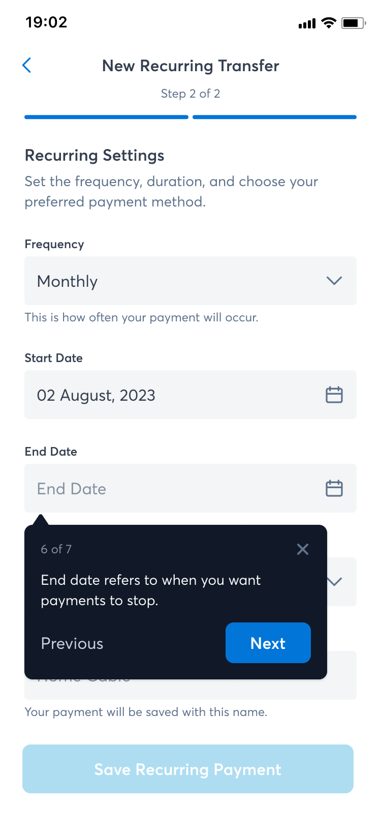 Recurring — settings step 2 of 2