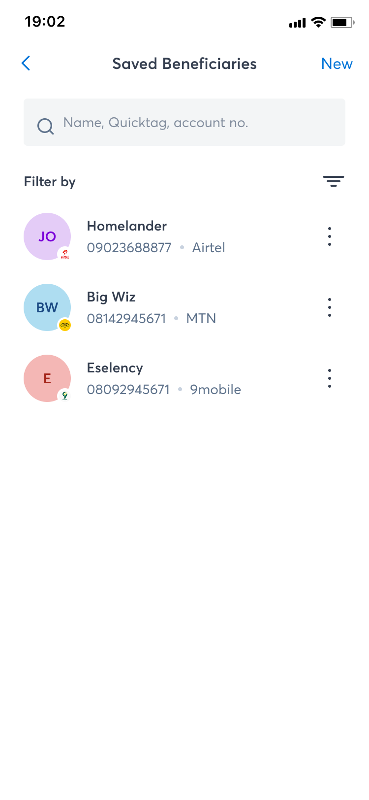 Beneficiaries — populated list with search